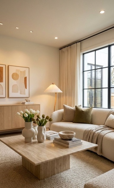 living room set, modern sofa, coffee table, accent cabinet, boucle sofa, stone coffee table, brand awareness, lifestyle, calm, luxurious, neutral